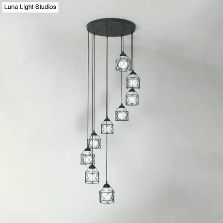 Modernist Black Hexagon Cage Pendant Lamp With Spiral Design - Metal Multiple Hanging Light