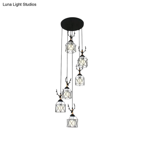 Modernist Black Hexagon Cage Pendant Lamp With Spiral Design - Metal Multiple Hanging Light