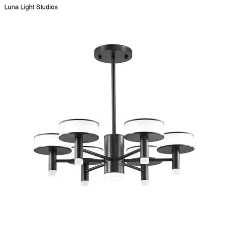 Modernist Black Led Chandelier With Drum Acrylic Shade - 6/8 Lights 3 Color Light Options For