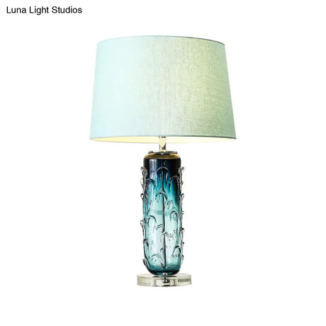 Modernist Blue Reading Lamp With Crystal Base: Tapered Drum Fabric Task Light