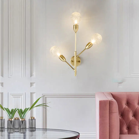 Modernist Brass Armed Sconce Lamp Wall Mount Light Fixure With Prismatic Glass Ball Shade - 3 Bulbs