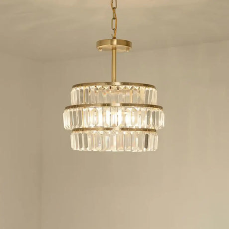 Modernist Brass Layered Ceiling Chandelier With Crystal Suspension - 3 Bulbs Pendant Light