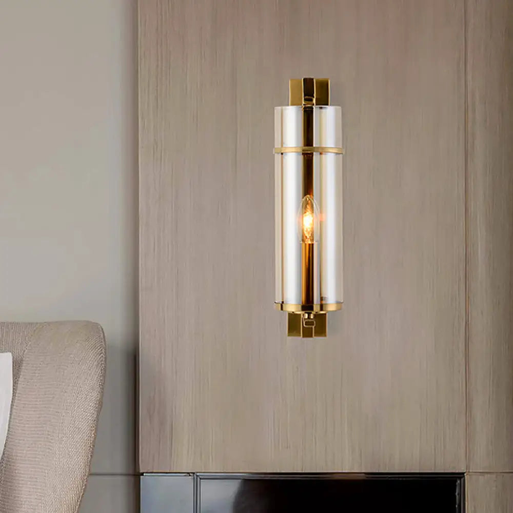 Modernist Brass Wall Lamp With Tubular Cognac/Water Blue Glass Shade - Bedroom Sconce Light Fixture