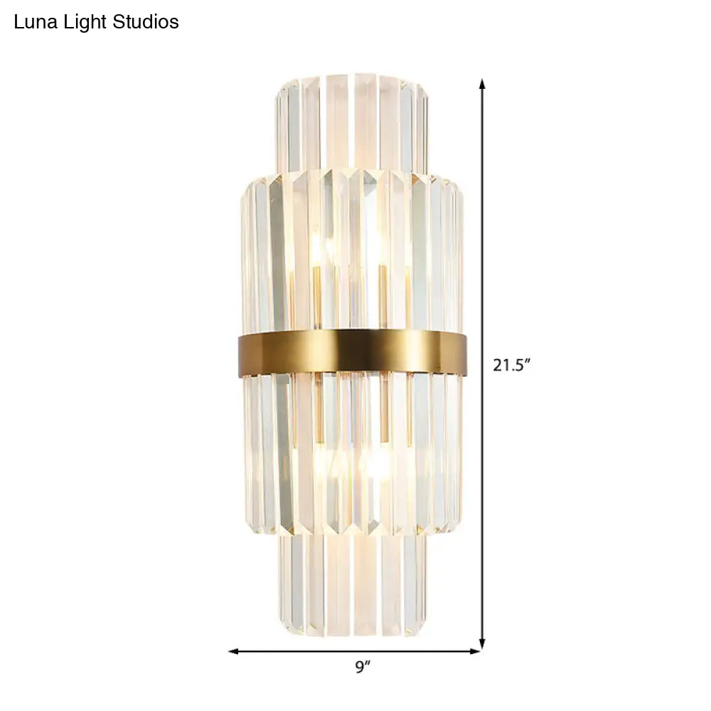 Modernist Clear Crystal Cylinder Wall Lighting Fixture - 2 Lights Golden Sconce Lamp (18/21.5