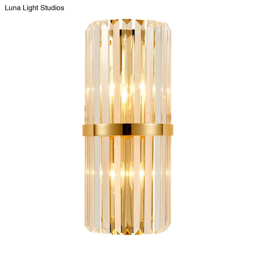 Modernist Clear Crystal Cylinder Wall Lighting Fixture - 2 Lights Golden Sconce Lamp (18/21.5