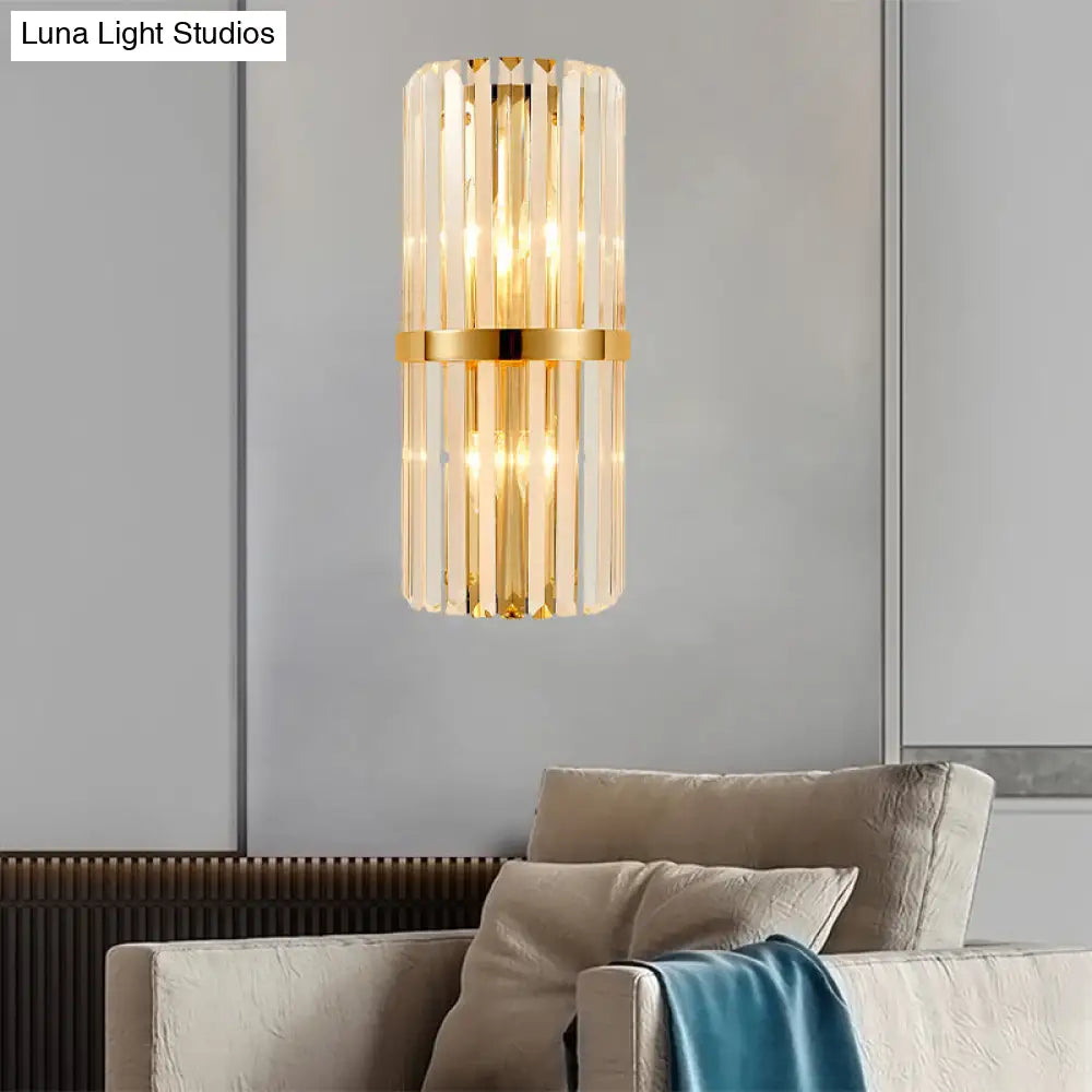 Modernist Clear Crystal Cylinder Wall Lighting Fixture - 2 Lights Golden Sconce Lamp (18/21.5