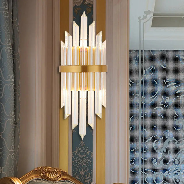 Modernist Clear Crystal Prism Wall Sconce With 2 Lights - Brass Finish