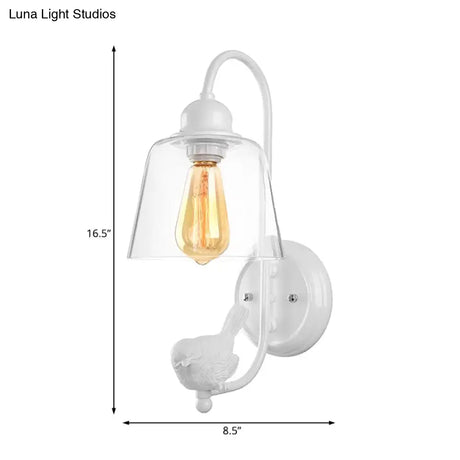 Modernist Clear Glass Cone Wall Lamp - 1 Light White/Black Flush Mount Sconce With White Bird