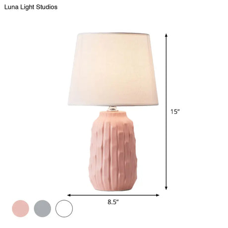 Modernist Conical Table Lamp With Ceramic Base In White/Pink/Blue Shades