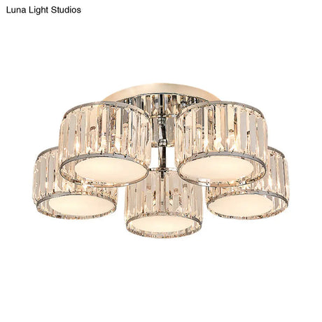 Modernist Crystal Drum Flush Mount Ceiling Lamp In Chrome Finish