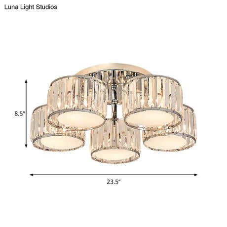 Modernist Crystal Drum Flush Mount Ceiling Lamp In Chrome Finish