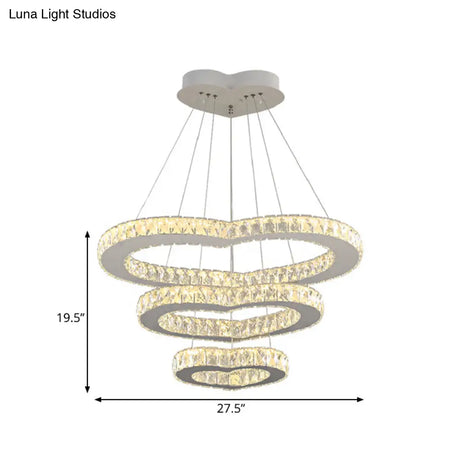 Modernist Crystal Heart Chandelier - Chrome 3-Tier Led Hanging Light Fixture