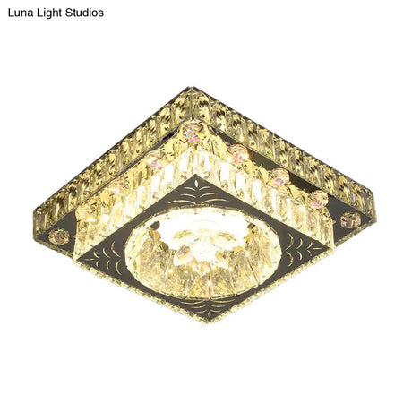 Modernist Cut Crystal Led Nickel Ceiling Lamp With Square Flush Mount For Porch