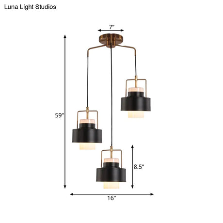 Modernist Drum-Shaped Metal Pendant Light - 3-Light Black Finish Suspension Lamp