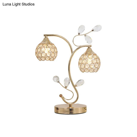 Modernist Flower Vine Table Light With Crystal-Encrusted Dome Shade - Gold