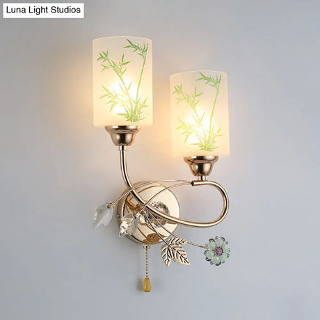 Modernist Glass Cylinder Sconce With 2 Lights And Gold Pull Chain - Wall Mounted Lamp