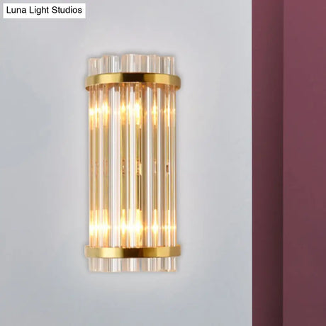Modernist Gold Cylinder Wall Lamp With Crystal Rod Shade - 2 Lights Mount Lighting