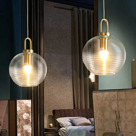 Modernist Gold Glass Pendant Light - Clear Ribbed Cylindrical/Drum/Globe Design 1 6’/8’/12’