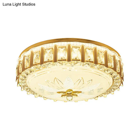 Modernist Gold Led Flush Mount Ceiling Light With Faceted Crystal Drum Shade - Bedroom Lighting
