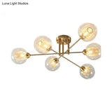 Modernist Gold Led Semi Flush Mount Ceiling Lamp With Clear Ribbed Glass Shade - 4/6 Lights