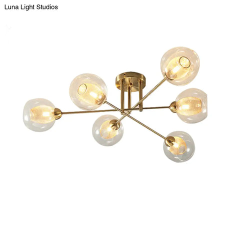 Modernist Gold Led Semi Flush Mount Ceiling Lamp With Clear Ribbed Glass Shade - 4/6 Lights