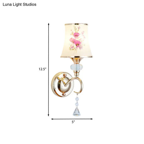 Modernist Gold Wall Mount Lamp With Arced Painted Glass Shade For Bedroom Lighting