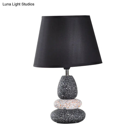 Modernist Led Night Table Lamp In Black/Grey Ceramic Stone Shape With Fabric Shade