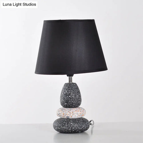 Modernist Led Night Table Lamp In Black/Grey Ceramic Stone Shape With Fabric Shade
