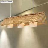 Modernist Linear Island Lighting Wood 3-Light Dining Room Lamp With White Glass Shade In Beige/Brown