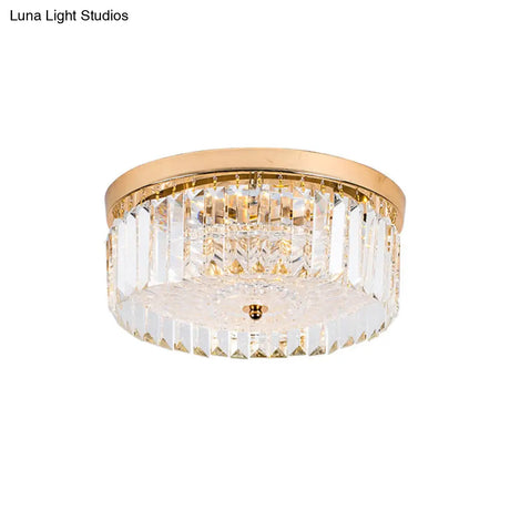 Modernist Metal Flush Mount Lamp With Led Drum Shade And Crystal Prism In Gold Finish - 14’/18’ Wide