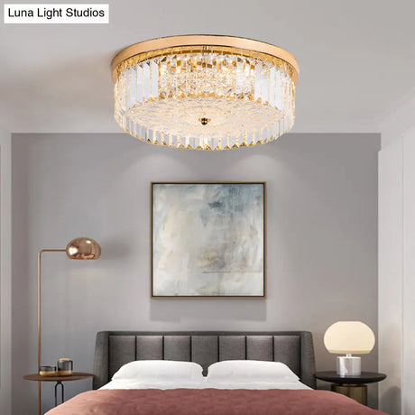 Modernist Metal Flush Mount Lamp With Led Drum Shade And Crystal Prism In Gold Finish - 14’/18’ Wide