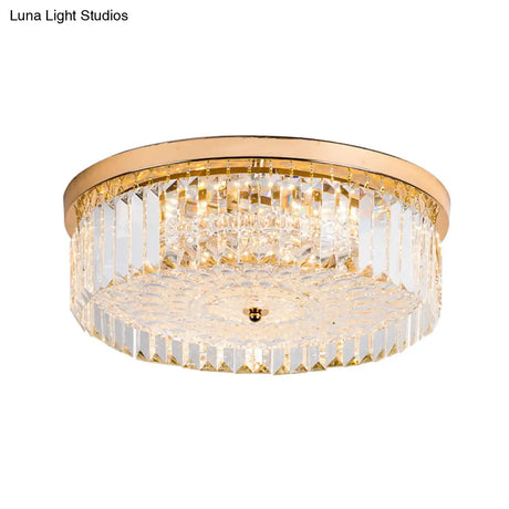 Modernist Metal Flush Mount Lamp With Led Drum Shade And Crystal Prism In Gold Finish - 14’/18’ Wide
