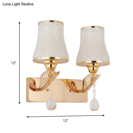 Modernist Opal Glass Bell Wall Light With Crystal Drop - Gold Finish 2-Head Mounted Lighting