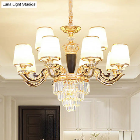 Modernist Opal Glass Gold Cone Chandelier With Crystal Accents - Stylish Pendulum Light