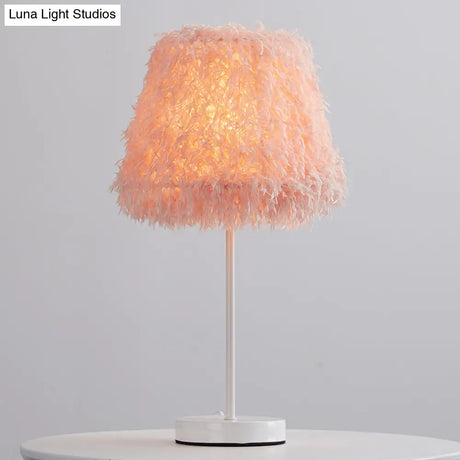 Modernist Pink/White Feather Nightstand Lamp With Gold Base - 1-Head Reading Light