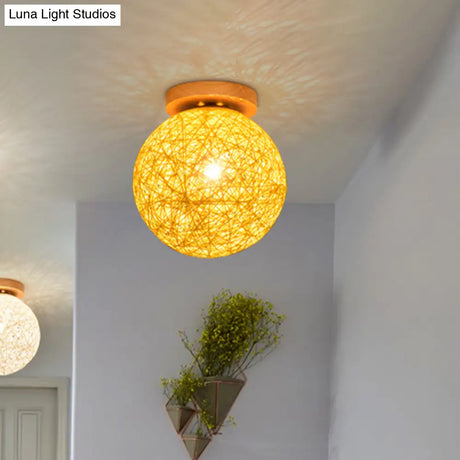 Modernist Rattan Ceiling Mount Light: Blue/Flaxen Globe Shade 6’/8’ Wide 1 Bulb Flush Lighting