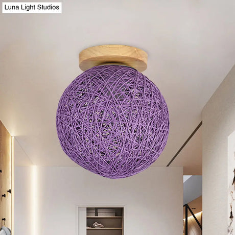 Modernist Rattan Ceiling Mount Light: Blue/Flaxen Globe Shade 6’/8’ Wide 1 Bulb Flush Lighting