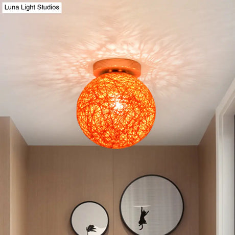 Modernist Rattan Ceiling Mount Light: Blue/Flaxen Globe Shade 6’/8’ Wide 1 Bulb Flush Lighting
