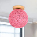 Modernist Rattan Ceiling Mount Light: Blue/Flaxen Globe Shade 6’/8’ Wide 1 Bulb Flush Lighting