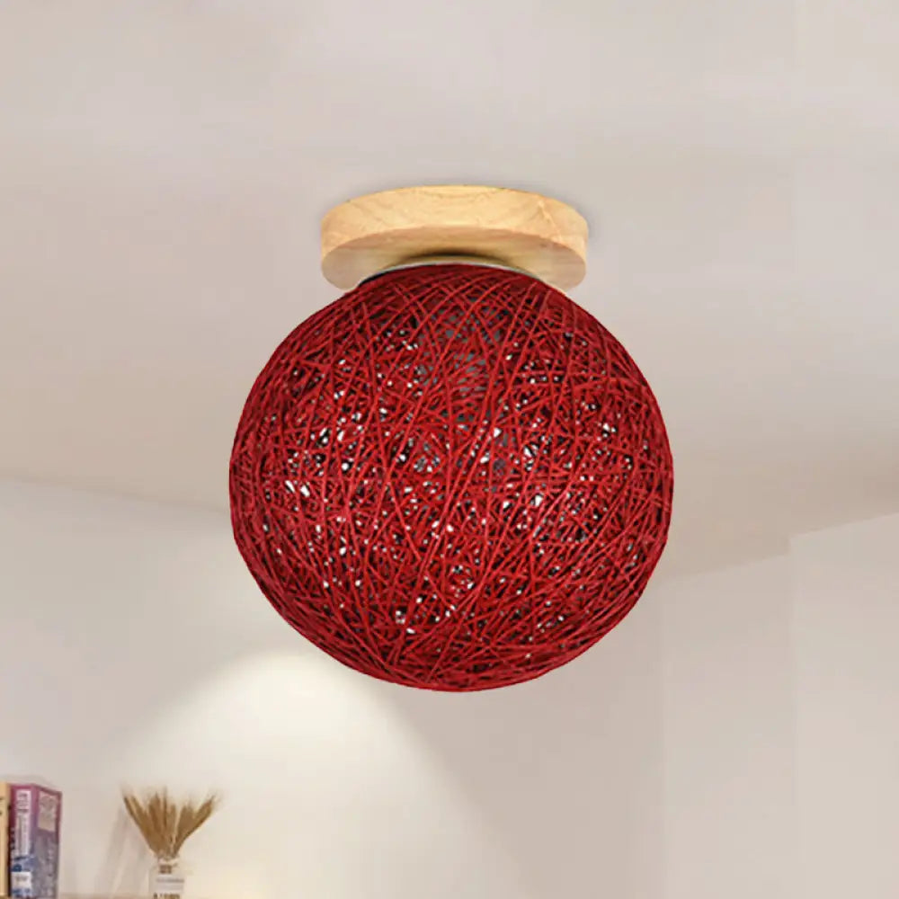 Modernist Rattan Ceiling Mount Light: Blue/Flaxen Globe Shade 6’/8’ Wide 1 Bulb Flush Lighting