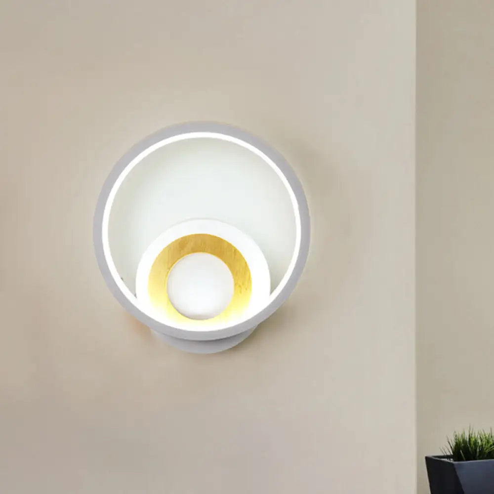 Modernist Ring Wall Sconce: Acrylic Led Bedside Light In White With Wood Detail / Warm