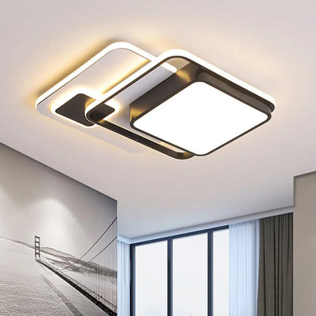 Modernist Square Flush Ceiling Led Bedroom Light Fixture - Black Iron 16’/19.5’ Width / 16’