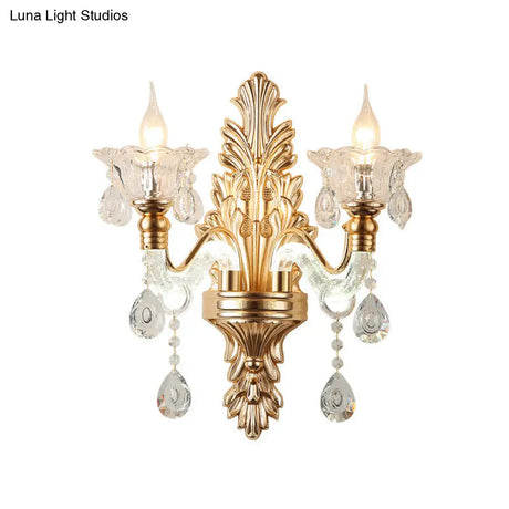 Modernist Style Floral Wall Sconce With Clear Crystal 1/2-Light Fixture - Gold Light For Living Room