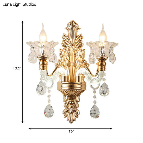 Modernist Style Floral Wall Sconce With Clear Crystal 1/2-Light Fixture - Gold Light For Living Room