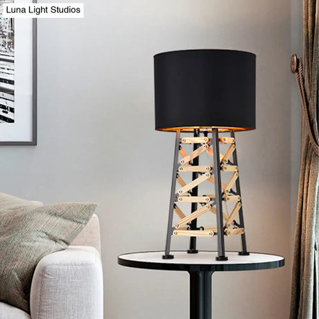 Modernist Tower Nightstand Lamp - 1 Head Metal Light In White/Black With Fabric Shade