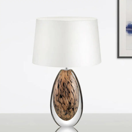 Modernist White Fabric Desk Lamp With Teardrop Brown Glazed Crystal Base - 1 Head Tapered Table