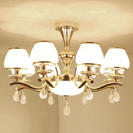 Modernist White Glass Pendant Chandelier With Crystal Droplets - Gold Urn Shade Design 8 /