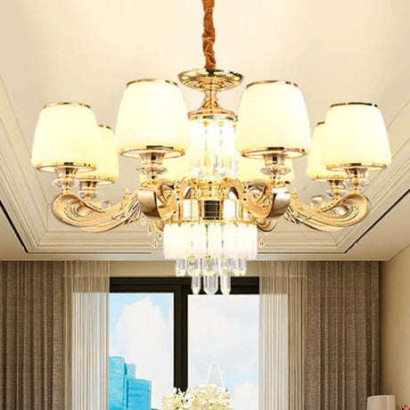 Modernist White Glass Suspension Pendant Light With Crystal Draping - Bucket Chandelier Lamp 8 /