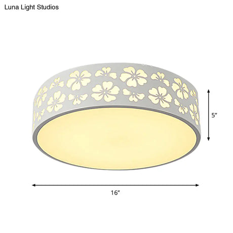 Modernist White Led Flush - Mount Iron Carved Drum Ceiling Light With Recessed Diffuser