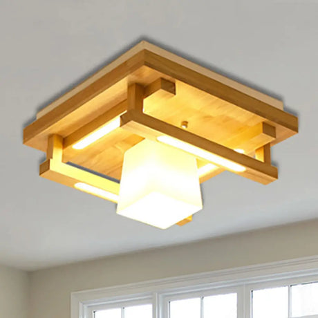 Modernist Wood Square Flush Mount Lighting With 1/4/9 Brown Led Lights And White Glass Cubic Shade